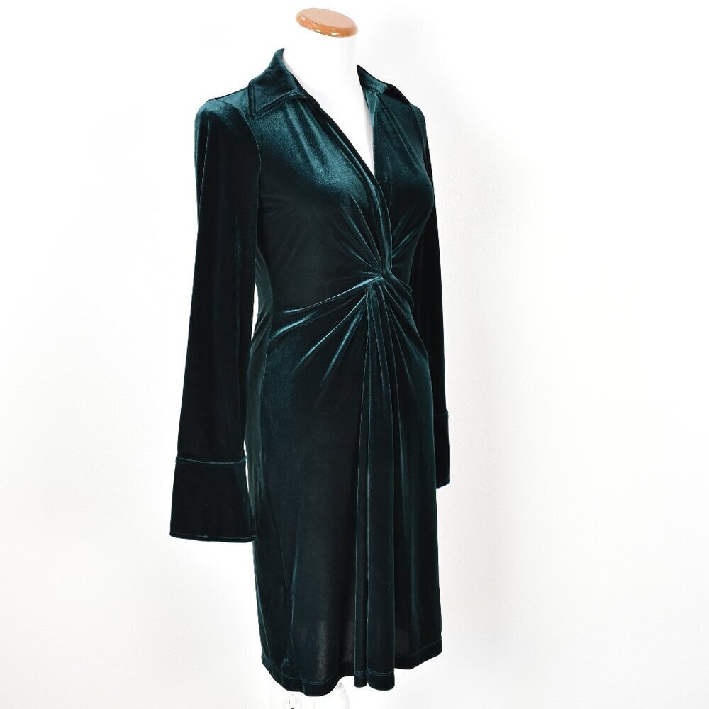 Calvin Klein Velvet Faux Wrap Green Dress - 2 - Picture 7 of 8